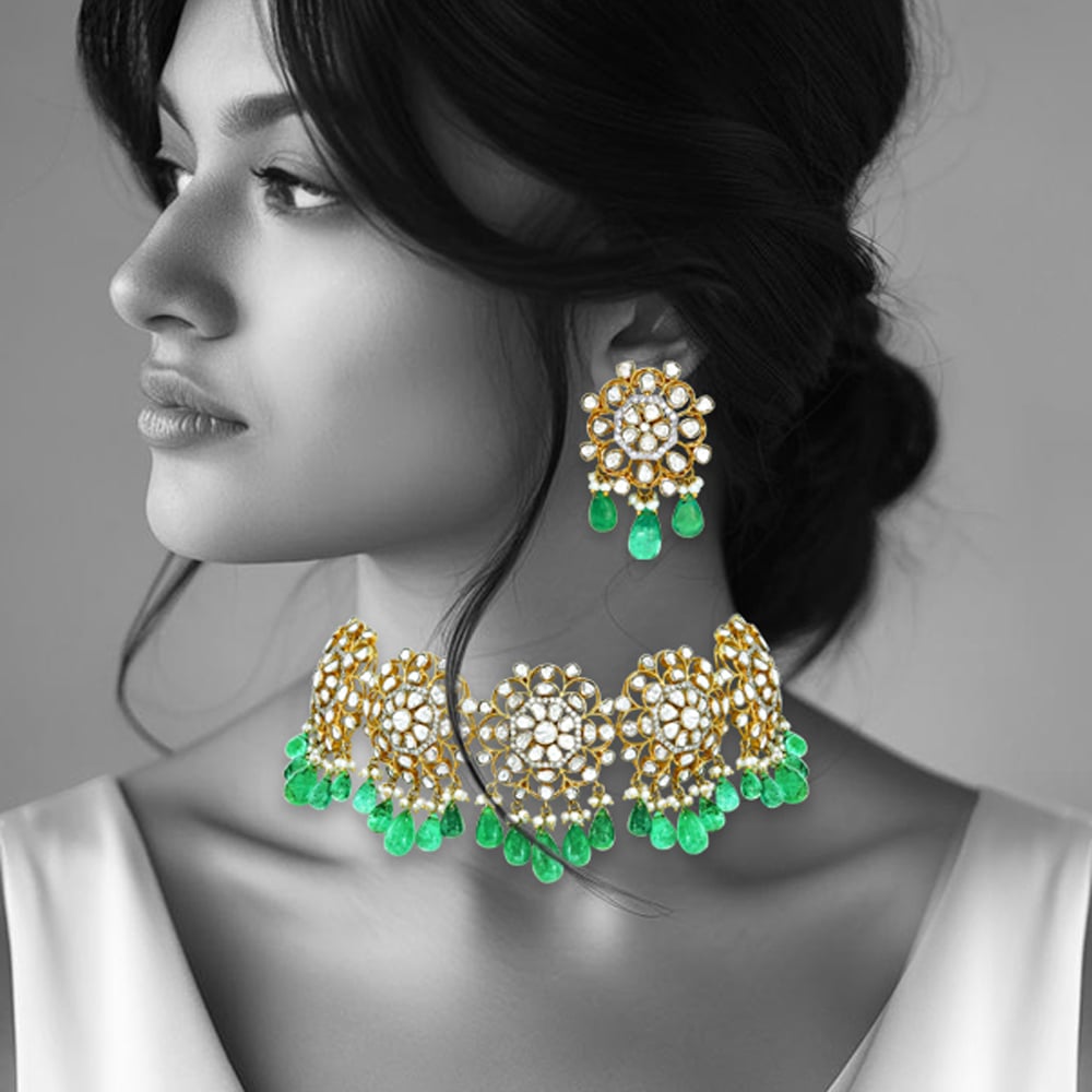Polki Choker Set with Emerald Drops and Floral Motifs